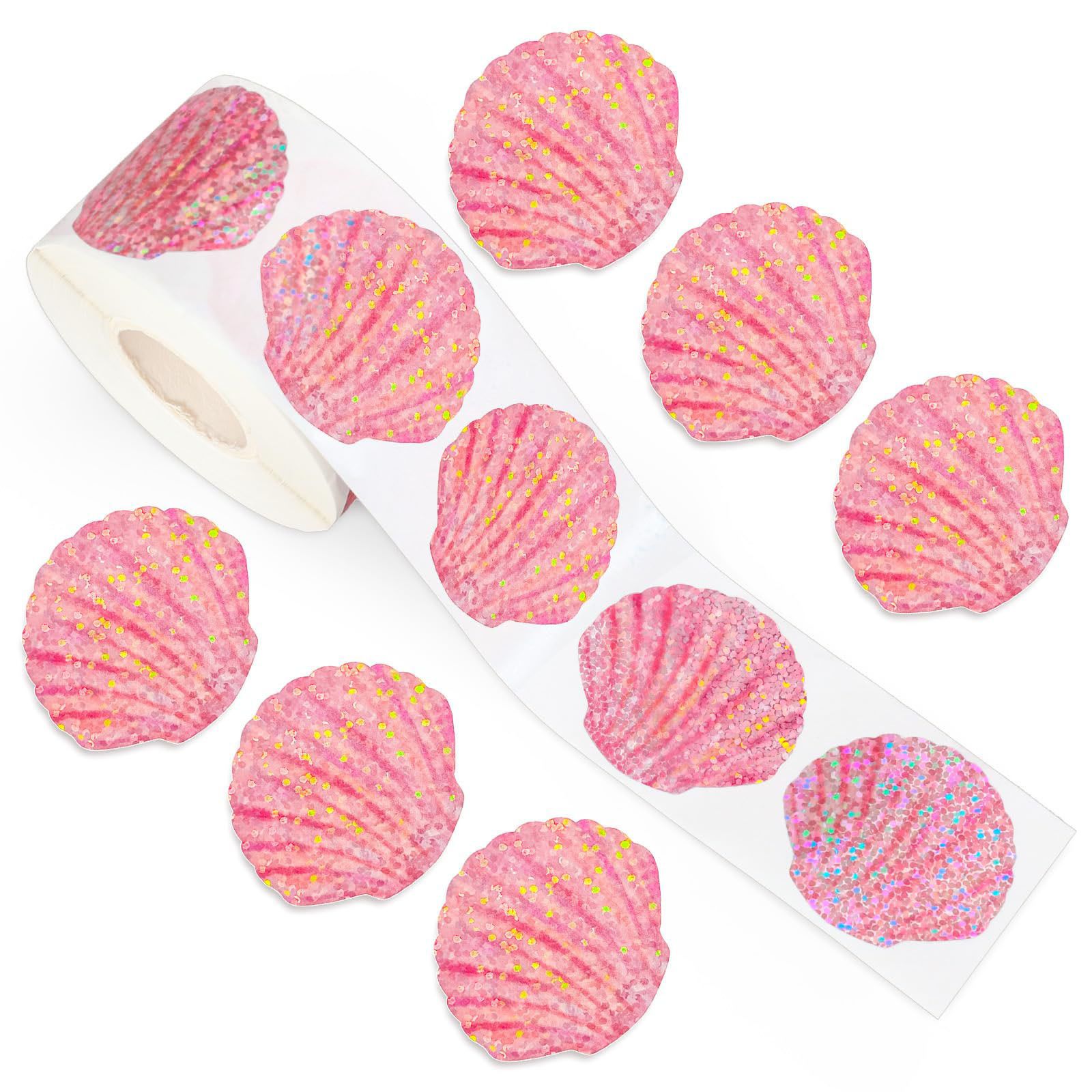 Glitter Vinyl Roll - 500 Stück Sommer-Muschel-Aufkleber-Rolle, holografische Siegelaufkleber, glitzernde