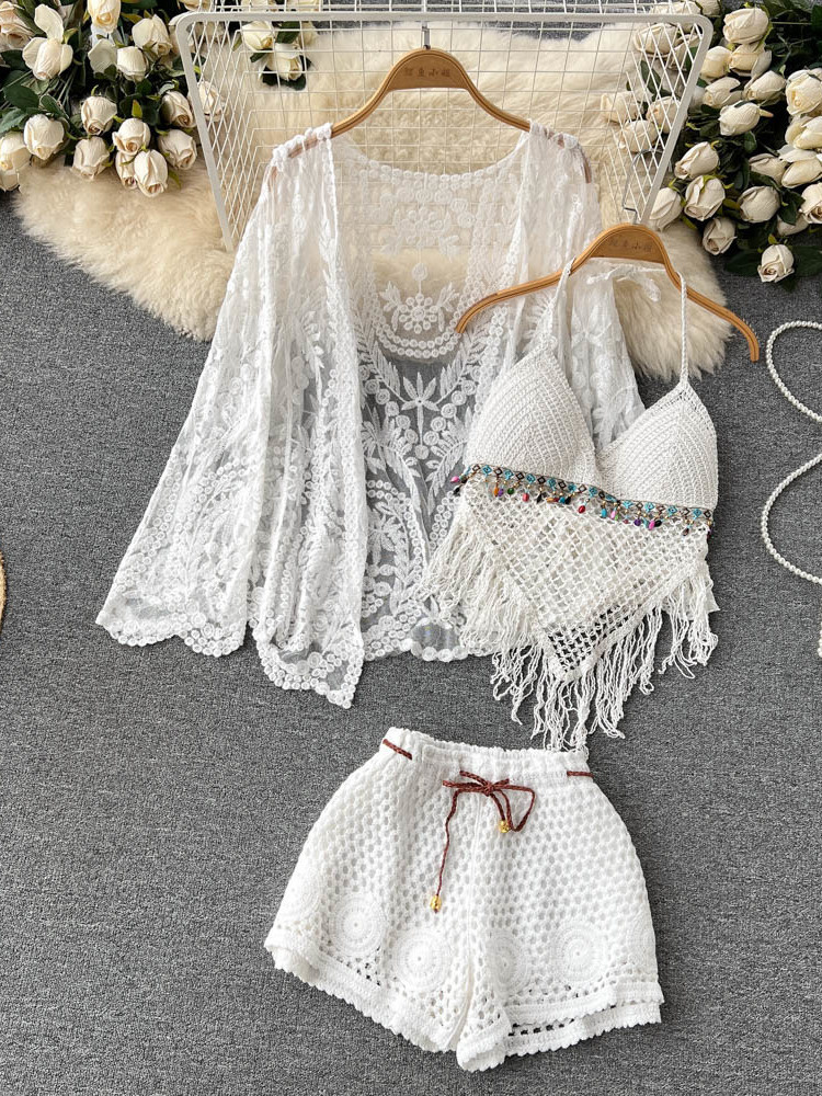 Tassel Fringe Trim - Sommer Neues Urlaubsoutfit Damen Spitzen-Bestickter Cardigan+Quasten-Oberteil+Ausgehöhlte
