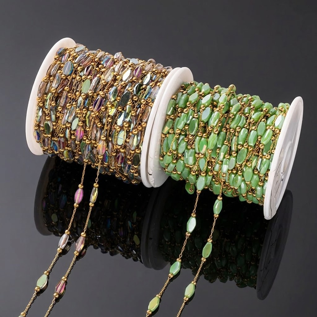 Pearl Trim Chain - 1 Meter Edelstahl-Ketten mit goldfarbenen Perlen