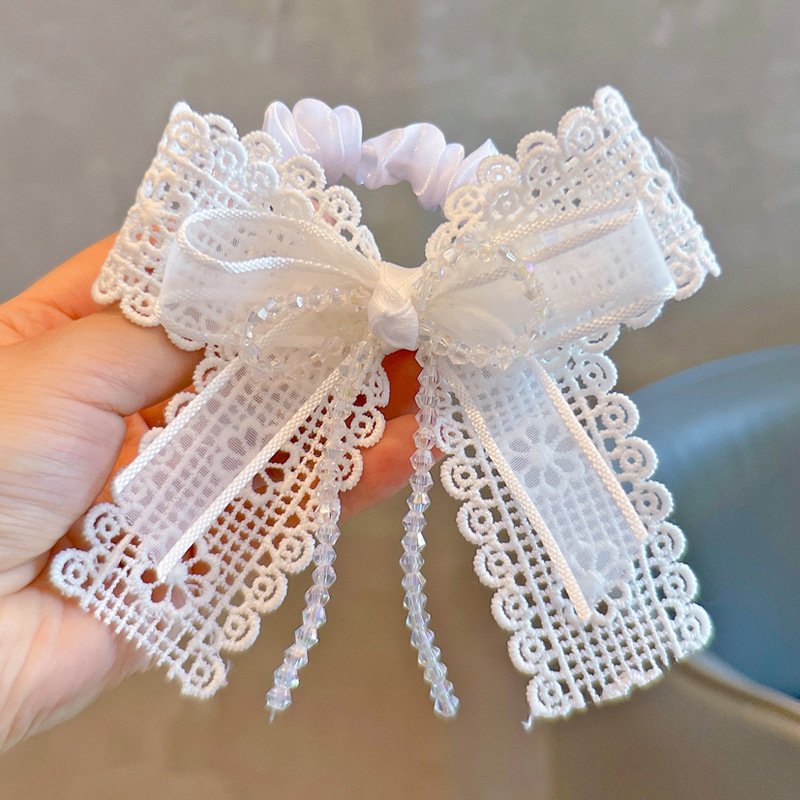 Tassel Fringe Trim - Elastische Haargummis mit weißer Spitze, Schleife,